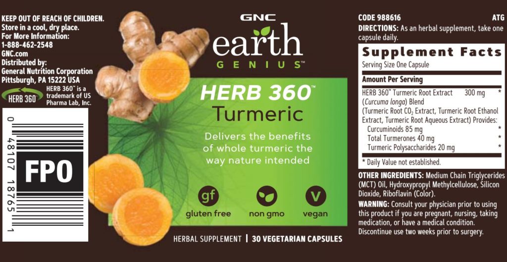 gnc earth genius herb 360 turmeric label